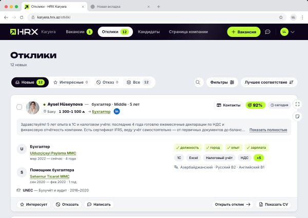 Кабинет HRX: список откликов по этапам