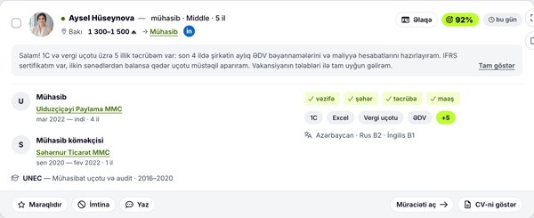 Müraciət kartı: 92% uyğunluq, «vəzifə, şəhər, təcrübə, maaş» işarələri